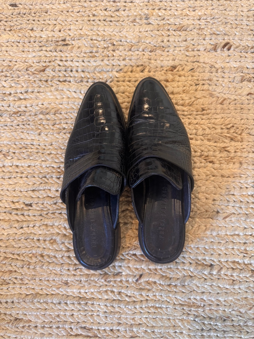 Freda Salvador Black Croc-Embossed Slip-On Mules